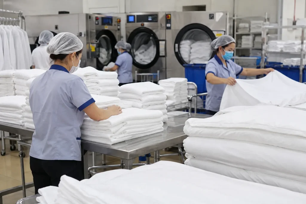 Dịch vụ giặt ủi khách sạn tại Đà Nẵng giúp chăn ga, khăn tắm luôn sạch sẽ và gọn gàng.