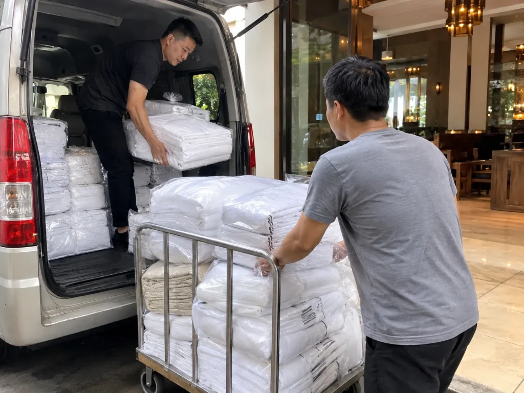 Đồ vải được sắp xếp gọn gàng trước khi bàn giao, giúp nhà hàng thuận tiện kiểm tra và quản lý số lượng.