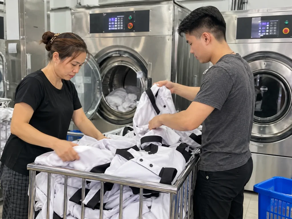 Dịch vụ giặt đồng phục nhà hàng giúp trang phục nhân viên luôn sạch sẽ, gọn gàng và phù hợp với hình ảnh thương hiệu.