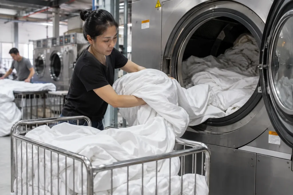 Ga giường và khăn phủ được vệ sinh thường xuyên, góp phần duy trì không gian chăm sóc sắc đẹp sạch sẽ.