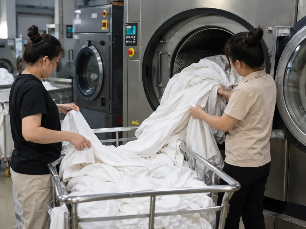 Khăn bàn được giặt sạch và sắp xếp gọn gàng, sẵn sàng phục vụ các hoạt động của nhà hàng.