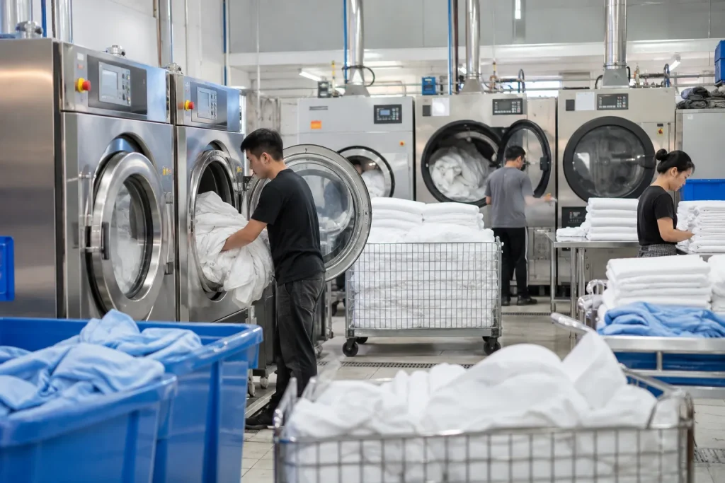 Hệ thống máy giặt và máy sấy công nghiệp phục vụ nhu cầu giặt ủi số lượng lớn tại AZ Laundry.