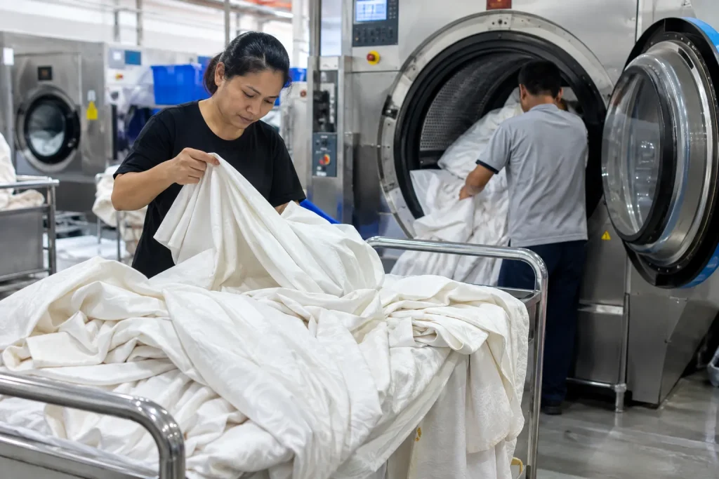 Khăn trải bàn và khăn ăn sạch sẽ góp phần tạo nên không gian phục vụ chuyên nghiệp.