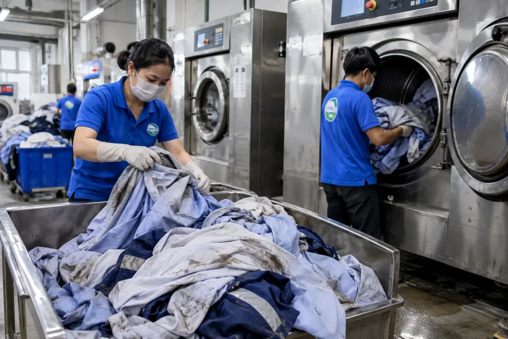 Áo quần đồng phục được cho vào máy giặt
