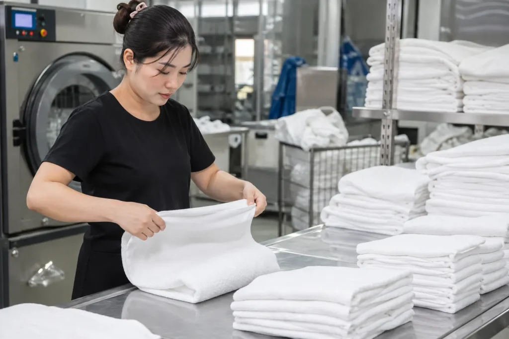 Đồ vải được kiểm tra, gấp xếp gọn gàng trước khi đóng gói và bàn giao.