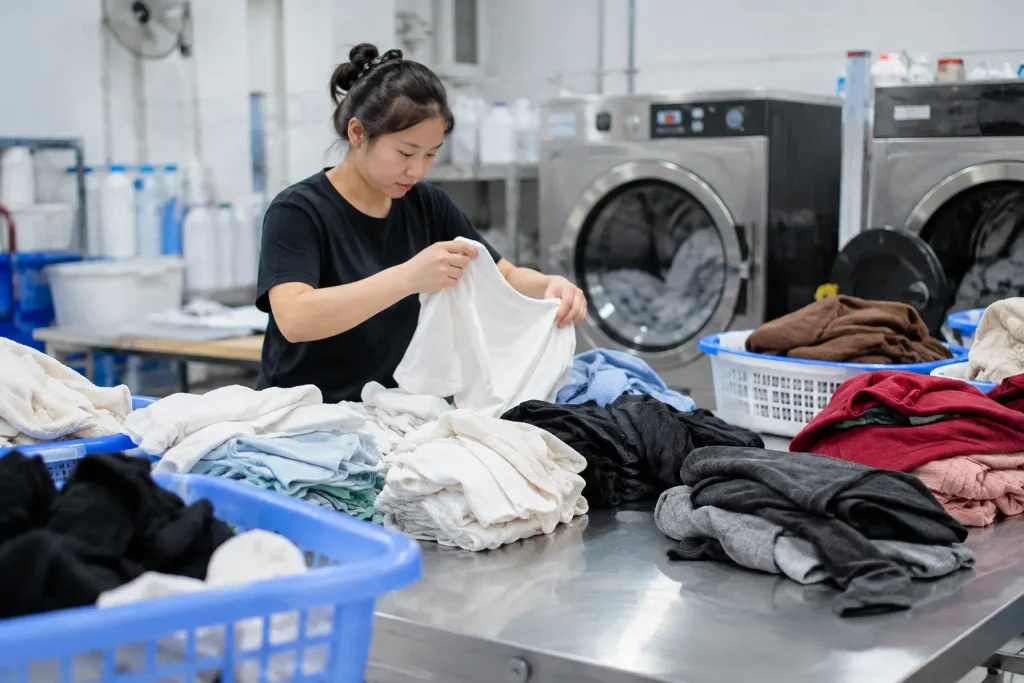 Đồ vải được phân loại theo màu sắc, chất liệu và mức độ bẩn trước khi đưa vào giặt.