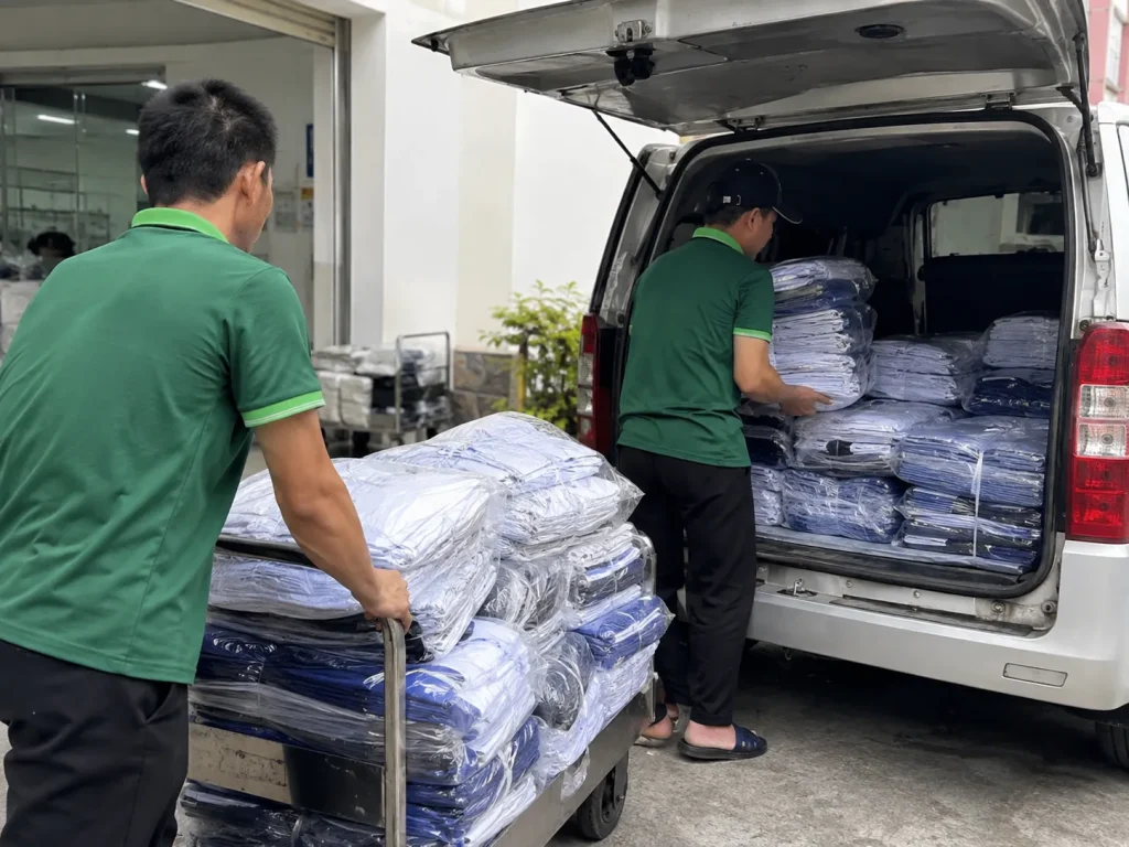 Vận chuyển áo quần sau khi giặt xong đến cho khách hàng