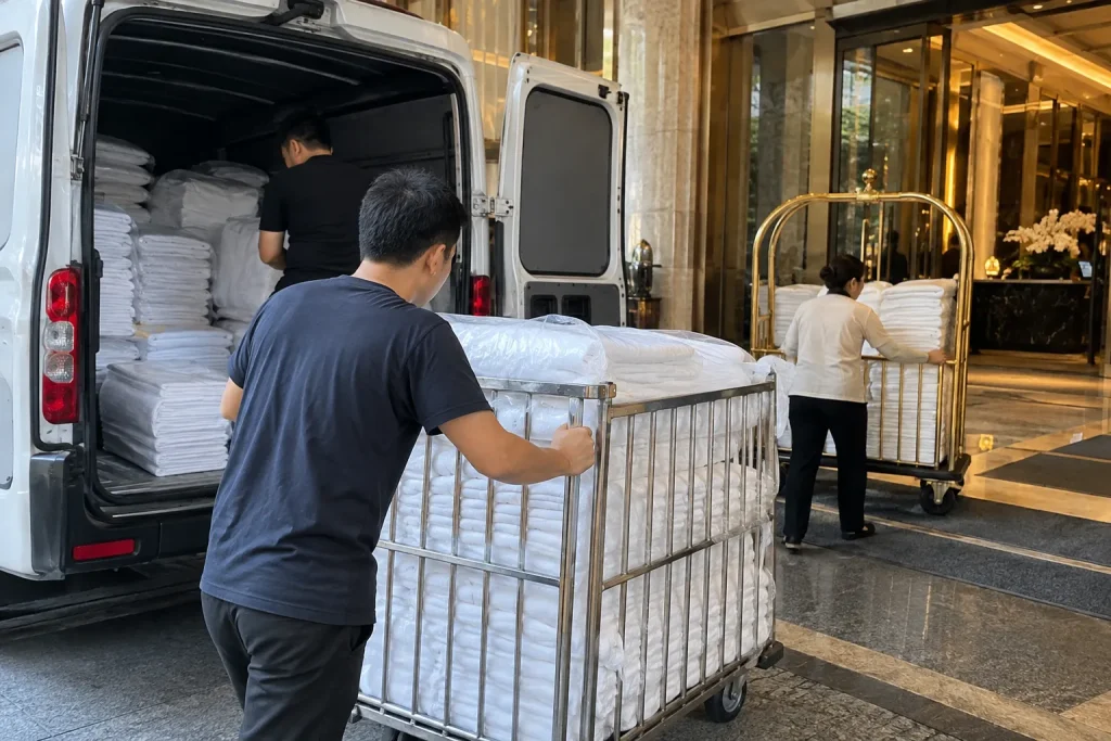 Đồ vải sau khi hoàn thiện được kiểm tra, gấp gọn và đóng gói để hạn chế bụi bẩn trong quá trình vận chuyển.