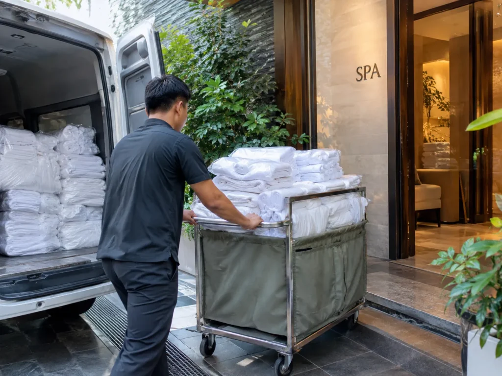 Đồ vải sạch được đóng gói gọn gàng để thuận tiện cho việc vận chuyển và bảo quản.